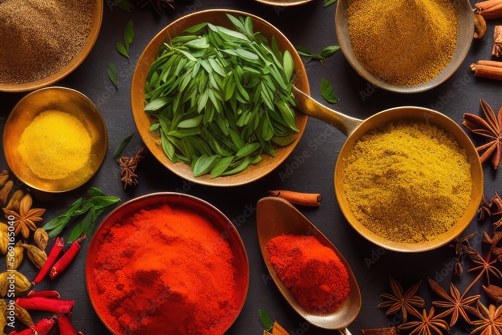 High-Resolution Image of Indian Spices Displaying the Rich Aromas and Vibrant Colors of Cinnamon, Star Anise and Turmeric, Perfect for Adding a India, Etnic and Colorful Element to any Design Project