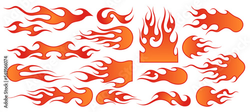 Flame decal. Tribal fire vinyl stickers for sport car or motorbike, hot tattoo vector illustration set