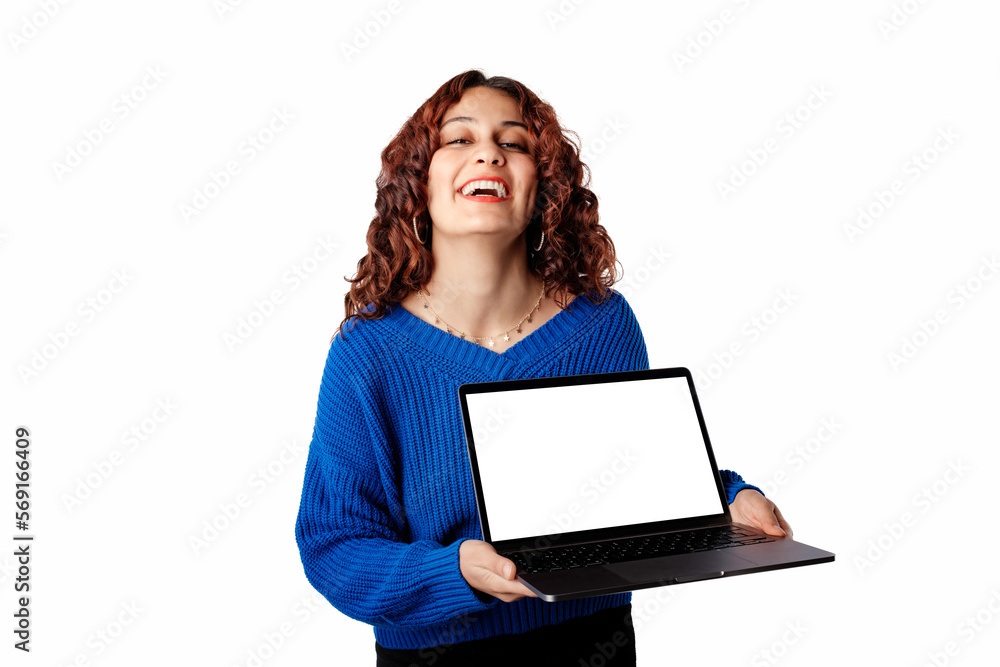 Happy woman standing isolated over white background holding with hands to a laptop with an empty white mockup screen and looks at the camera with a smile. Confident, advertising concept. Happy woman standing isolated over white background holding with hands to a laptop with an empty white mockup screen and looks at the camera with a smile. Confident, advertising concept.