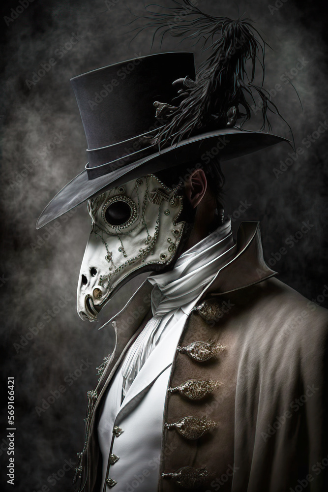 Obraz premium Illustration of a man dressed with a plague doctor mask and costume from seventeenth-century for a carnival party in Venice. Carnival elegant festive celebration background. Generative ai