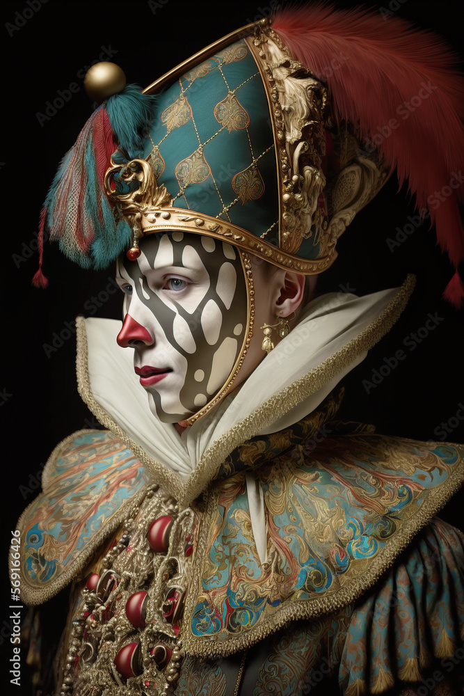 Illustration of a woman dressed with a Venetian mask and costume from seventeenth-century for a carnival party in Venice. Carnival elegant festive celebration background. Generative ai