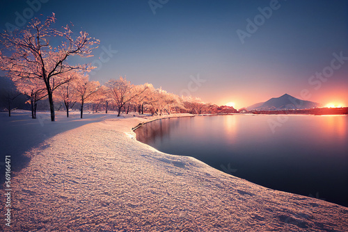 sunset snow in nature near lake clear sky