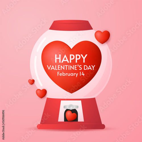 Heart in vending machine filled with red blue and white bubble gum hearts on pink background. illustration with transparent glass. Valentine's day.