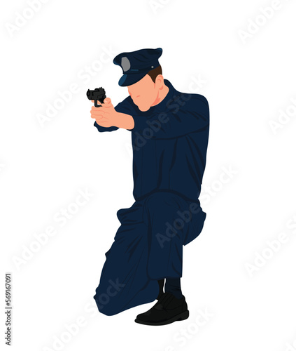 Male Police Officer Shooting Illustration, Kneeling Policeman On Uniform Pointing Gun Flat Vector