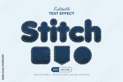 Stitch Text Effect Blue Navy Style. Editable Text Effect.