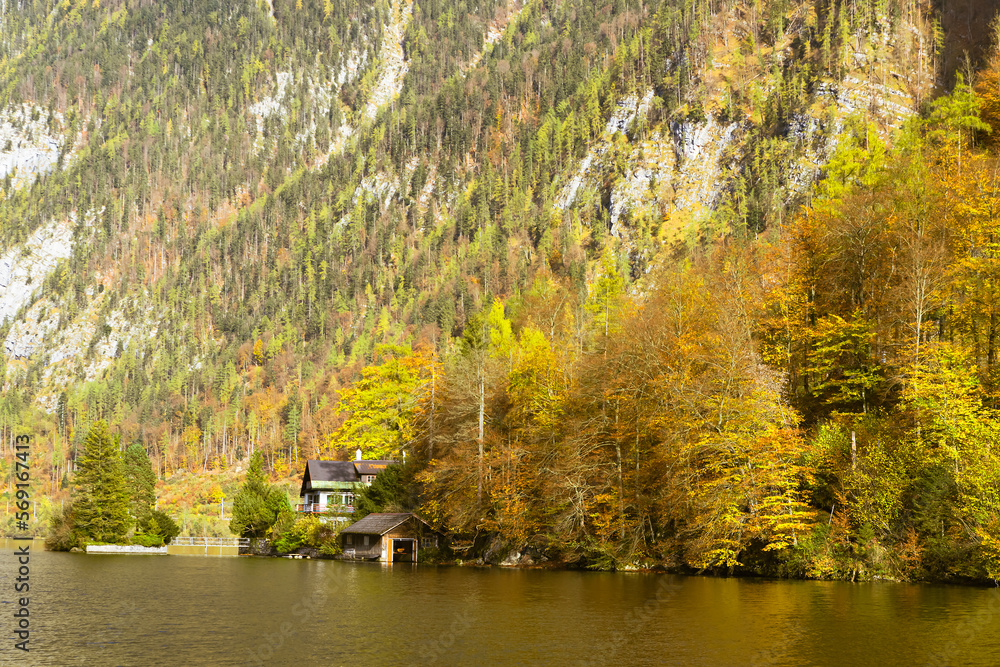 Hallstatt village on Hallstatter lake in autumn, Austria. A mountain village in the Austrian Alps.