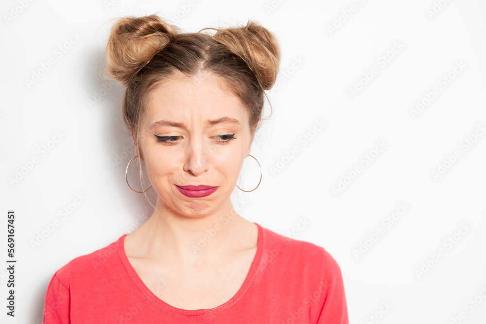 Young caucasian woman with two hair bundles wearing braces depressed, disappointed and frustrated Young caucasian woman with two hair bundles wearing braces depressed, disappointed and frustrated