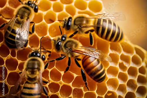 Close up view of the group of working bees on honey cells, honeycomb. Beekeeping and honey production. Bees in a beehive on honeycomb. Working bees.  Harvesting honey. generative A