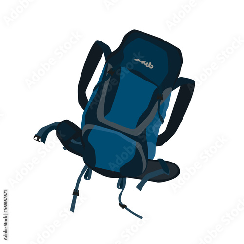 Trekking backpack icon. Comfortable ergonomic travel bag with shoulder and belt straps for effective load distribution.