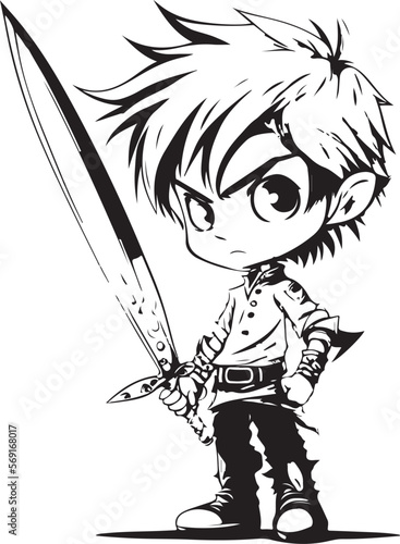 Illustration of a cartoon anime knight boy with sword sketch