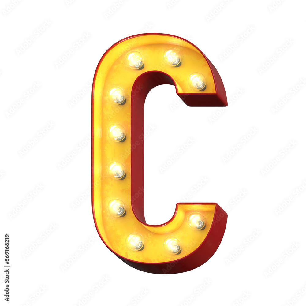 Light bulb glowing font, 3d alphabet character, 3d rendering, letter C Light bulb glowing font, 3d alphabet character, 3d rendering, letter C