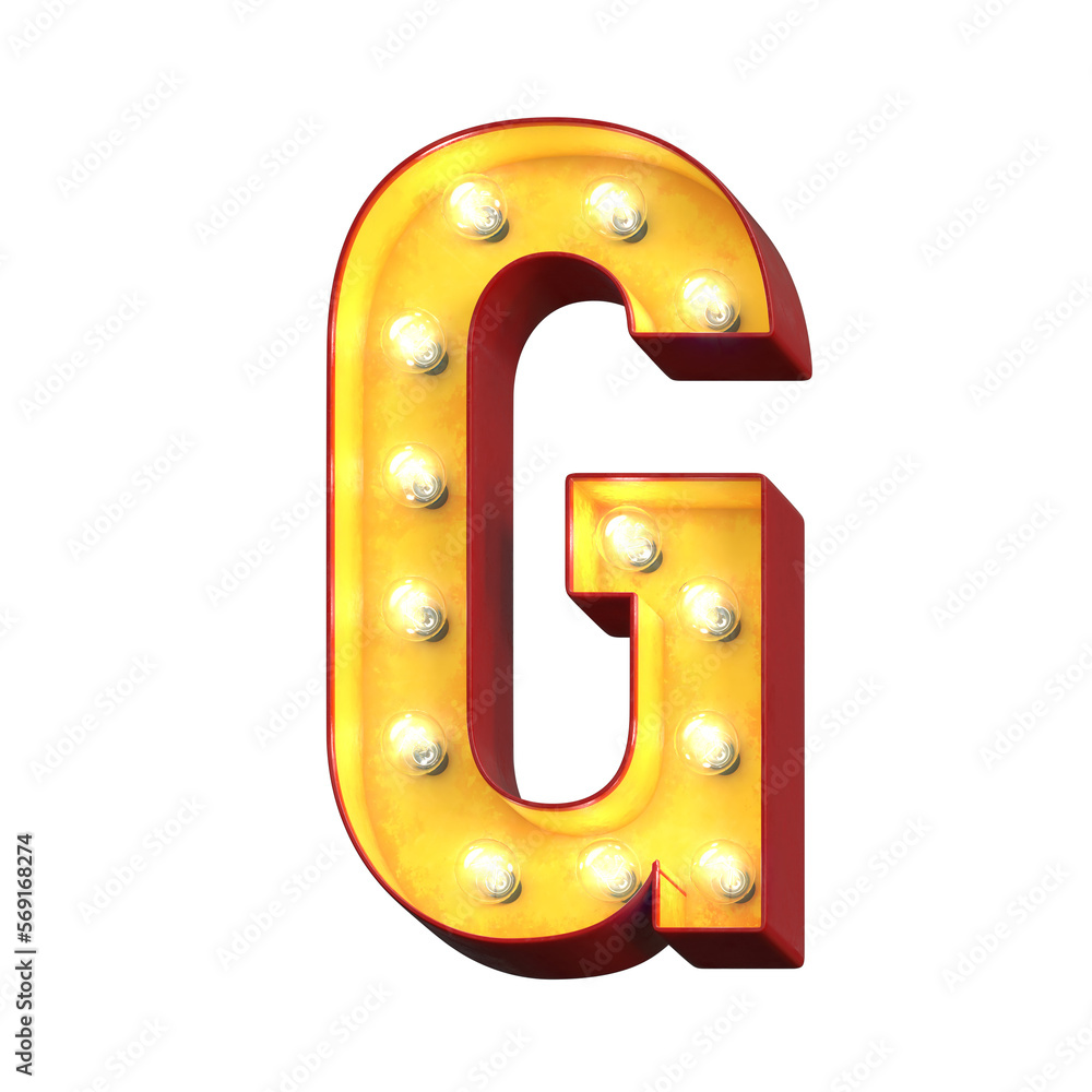 Light bulb glowing font, 3d alphabet character, 3d rendering, letter G Light bulb glowing font, 3d alphabet character, 3d rendering, letter G