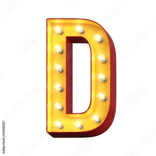 Light bulb glowing font, 3d alphabet character, 3d rendering, letter D