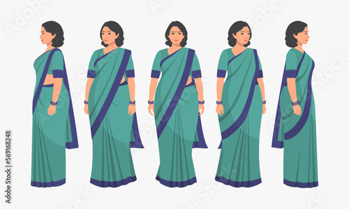 Indian woman character set. Middle aged lady, Character Front, side, view and explainer animation poses