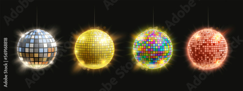 Disco mirror ball. Retro party club decoration silver, golden, rainbow and bronze shining balls isolated vector illustration set
