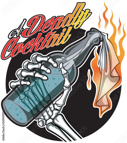 human skeleton hand holding an ignited  Molotov cocktail 