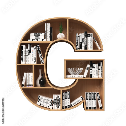 Bookshelves 3d font. Alphabet in the form of book shelves. Mockup font, 3d rendering. Letter G