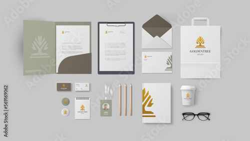 Premium identity branding with golden logo and soft mild colors for business company or financial corporation, template set of folder and envelope stationery design