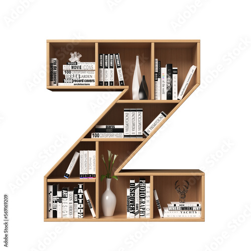 Bookshelves 3d font. Alphabet in the form of book shelves. Mockup font, 3d rendering. Letter Z