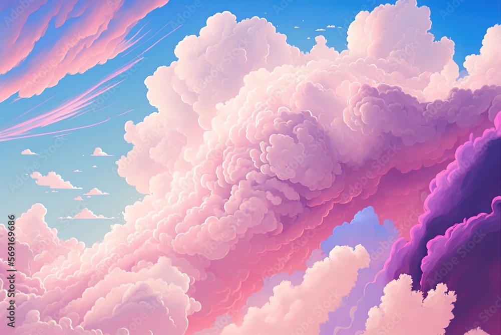 Illustration of a pink cotton candy sky with clouds. Generative AI ...