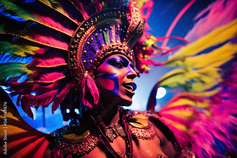 Fototapeta premium Carnival Chaos - A close-up shot of the Brazilian Carnival, capturing the energy and excitement of the music festival and masquerade celebration. AI