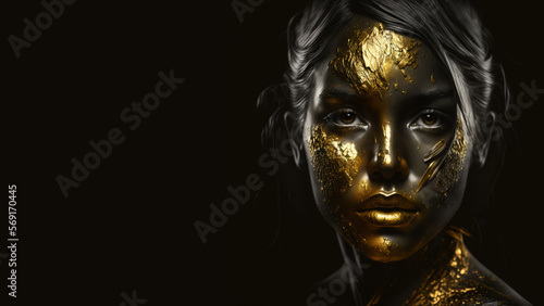 Abstract portrait on black backdrop. Attractive beautiful girl. Glamour fashion girl. Beautiful black woman. Abstract background. Bright luxury background. Beauty face. gold and black