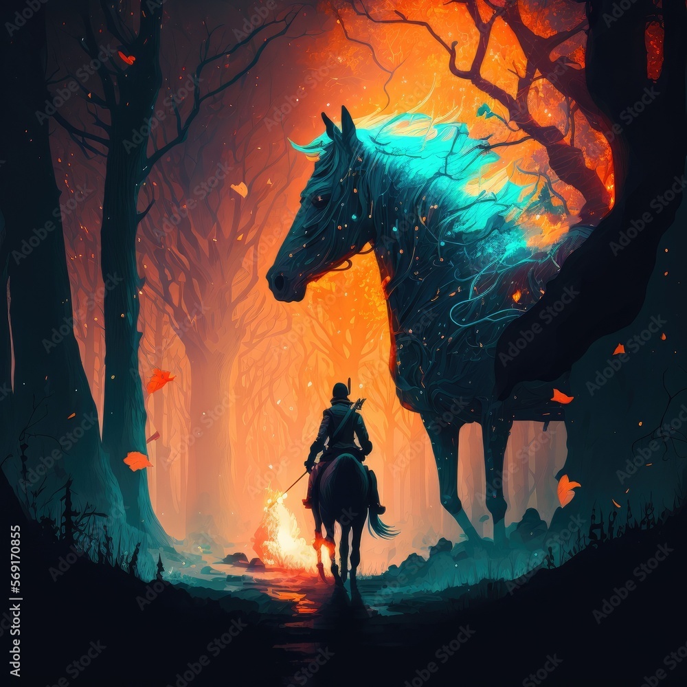 Ride of Fire: A Knight with a Spear Rides Through the Flames, Generative AI
