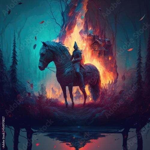 Ride of Fire: A Knight with a Spear Rides Through the Flames, Generative AI © Laurin