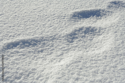 Texture of white snow with shadow for design. Winter background. Sunny day. View from above.