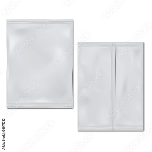 Blank white pillow flow pack bag realistic vector mockup. Plastic, paper or foil three-seam flat package front and back mock-up. Template for packaging design
