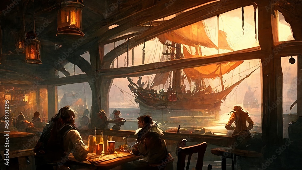 interior of a crowded pirate tavern, big windows with the view on a docks, big art canvas close to a bar, light is pouring from windows, treasure on tables,hd interior of a crowded pirate tavern, big windows with the view on a docks, big art canvas close to a bar, light is pouring from windows, treasure on tables,hd