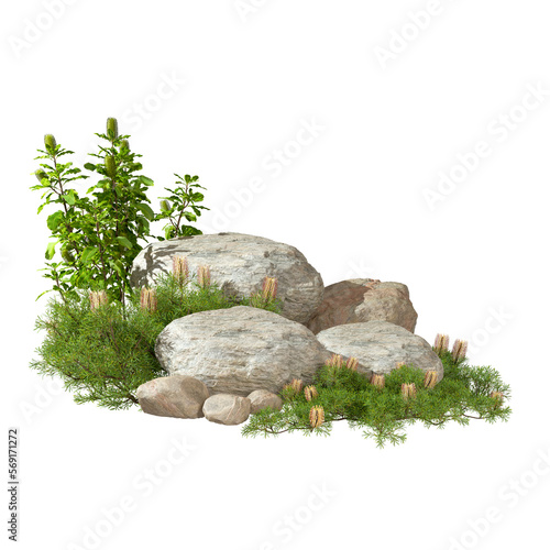 Gardening design rock and tropics plants cutout backgrounds 3d render png