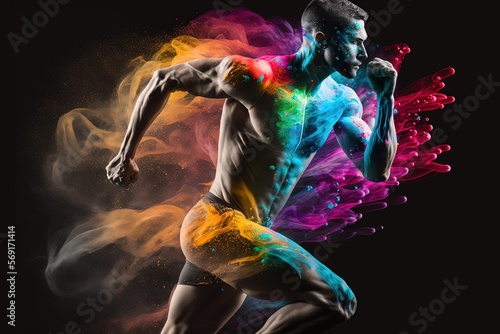 Man Running with Colored Paint on Body, Digital Art, IFBB Fitness, LGBTQ, Awesome Composition, Explosive Colors photo