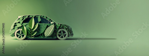 Car formed by green leaves and branches on a green background. Car ecology concept. Generative AI photo