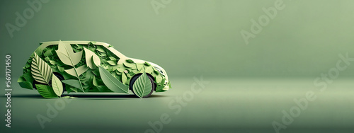 Isolated car formed by green leaves and branches on a green background. Car ecology concept. Generative AI