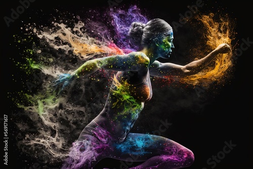 Xplosive Energy in Color - Dynamic Digital Art of Running Woman with Body Paint photo