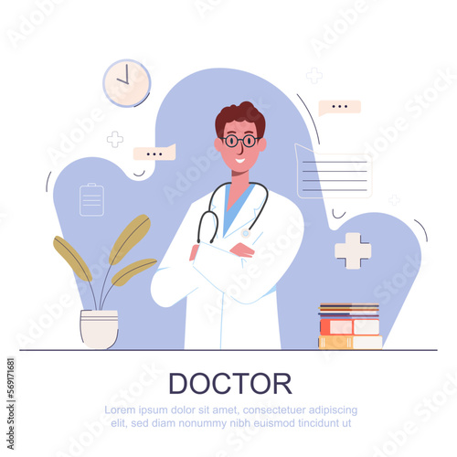 medical concept. doctor with work room in hospital. cartoon characters.