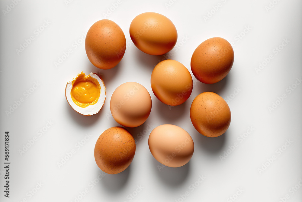 Raw brown eggs seen from the top, isolated on a white backdrop. Eggs are frequently used in