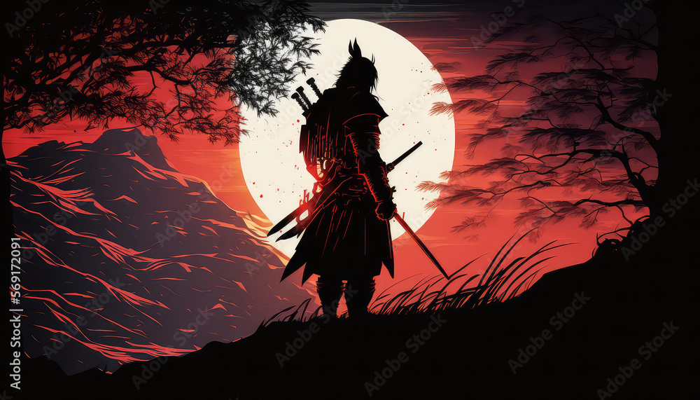samurai in the forest, cool, anime style, silhouette, generative ai