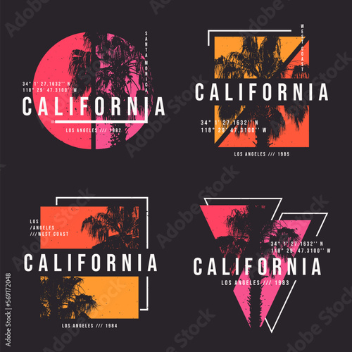 California, Los Angeles t-shirt design. T shirt print design with palm tree. Collection of t-shirt design with typography and tropical palm tree for tee print, apparel and clothing. Vector