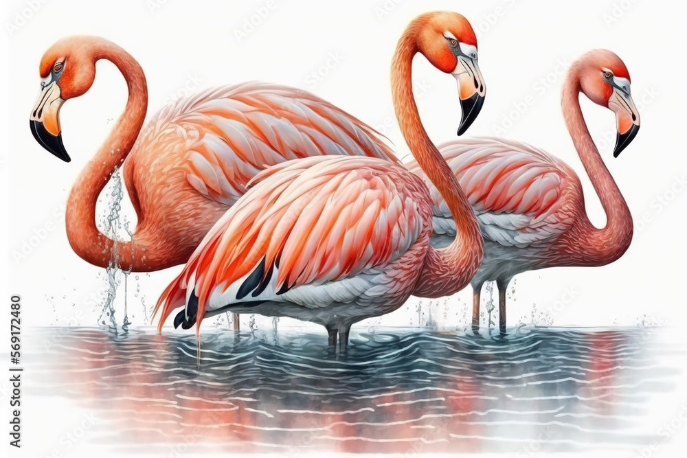 Fototapeta premium Three pink flamingos standing in water watercolor, Generative AI