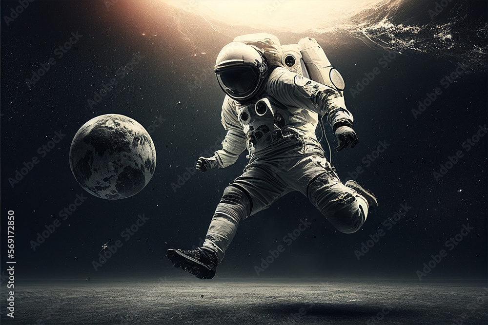 Astronaut playing soccer in empty space. Generative AI illustration
