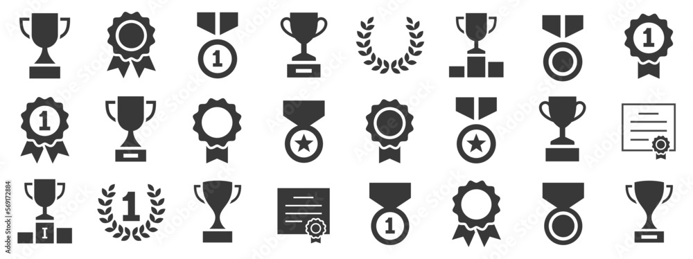 Award & Trophy cup icon set. Winning icons collection. Award symbols collection. Trophy Cup and Winner Medal silhouette Vector - obrazy, fototapety, plakaty 