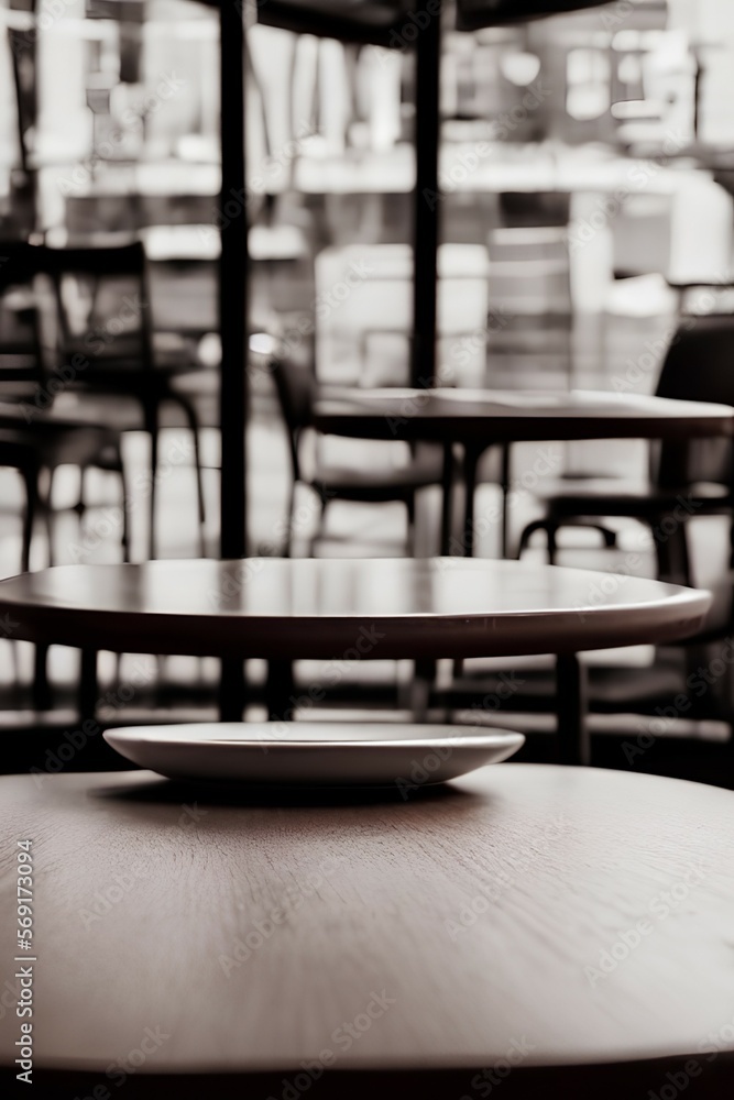 Empty coffee table over defocused coffee shop background with copy space - generative ai Empty coffee table over defocused coffee shop background with copy space - generative ai
