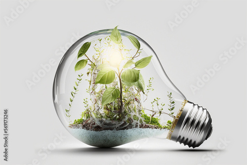 Plants growing inside a light bulb on isolated white background. Creative imagination idea thinking concept. Generative AI illustration.