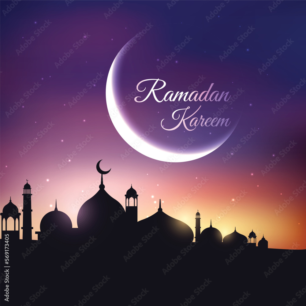 Ramadan Kareem islamic design crescent moon and mosque dome with arabic pattern. Ramadan Kareem islamic design crescent moon and mosque dome with arabic pattern.
