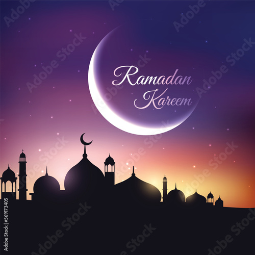 Ramadan Kareem islamic design crescent moon and mosque dome  with arabic pattern.