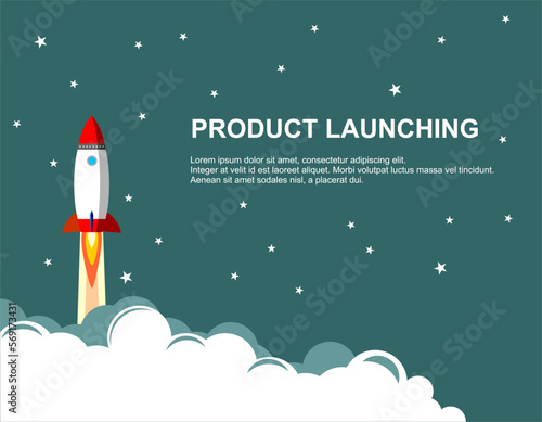Vector design of product launching with rocket model and clouds as background