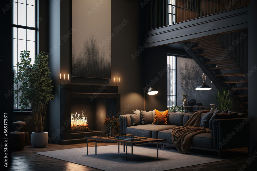 The stylish boho composition of the living room interior with a designed gray sofa, of luxury home interior, Generative Ai