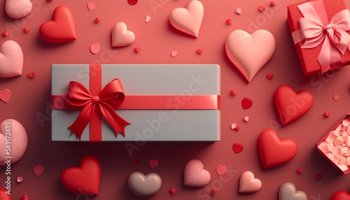 A flat lay greeting composition featuring a gift box and a cluster of red hearts is presented against the backdrop of Valentine's Day.